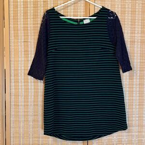Anthropologie Postmark Striped Lace Sleeve Shift Dress Navy Green Medium‎ Boho